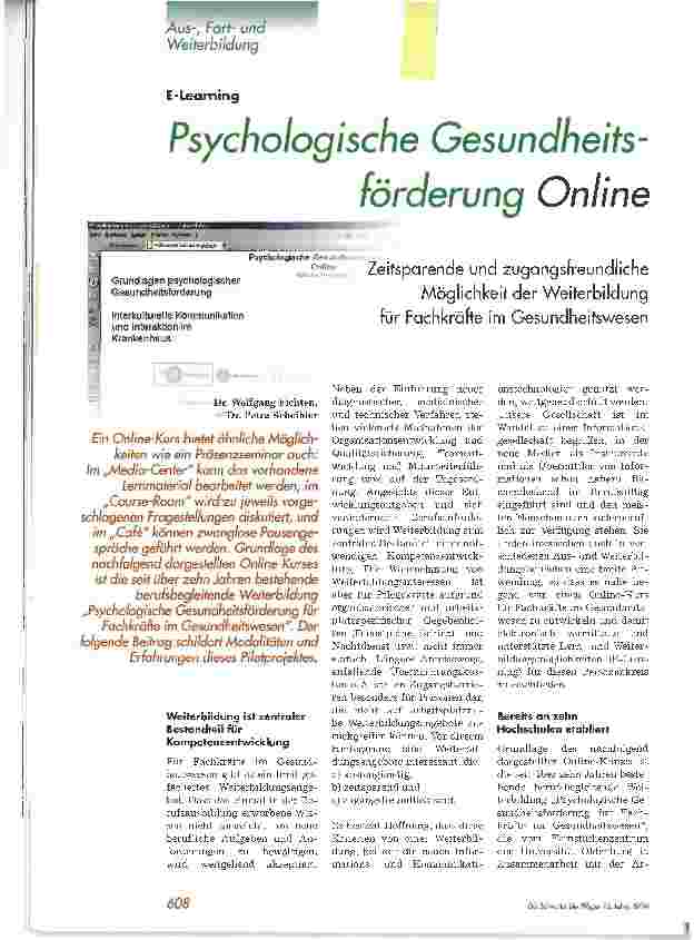 Vorschauseite 1: Psychologische Gesundheitsförderung OnlineZeitsparende und zugangsfreundliche Möglichkeit der Weiterbildung für Fachkräfte im Gesundheitswesen