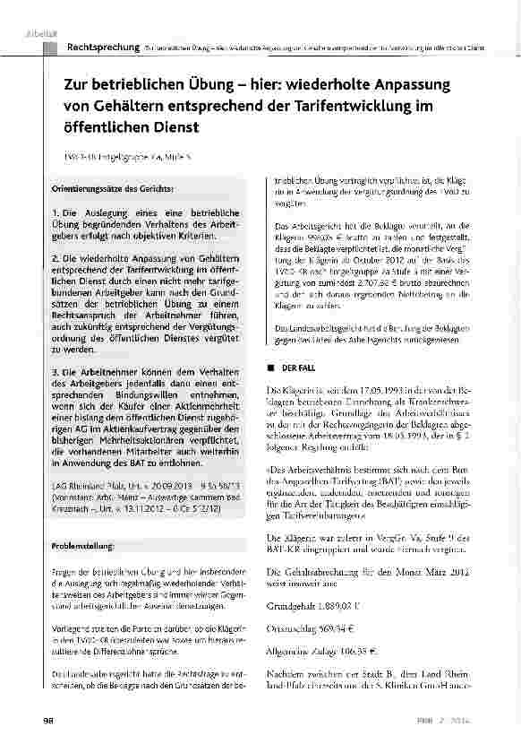 Vorschauseite 1: Zur betrieblichen Übung - hier: wiederholte Anpassung von Gehältern entsprechend der Tarifentwicklung im öffentlichen Dienst