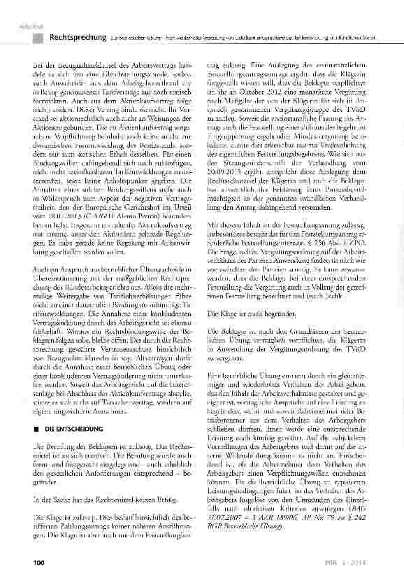Vorschauseite 3: Zur betrieblichen Übung - hier: wiederholte Anpassung von Gehältern entsprechend der Tarifentwicklung im öffentlichen Dienst