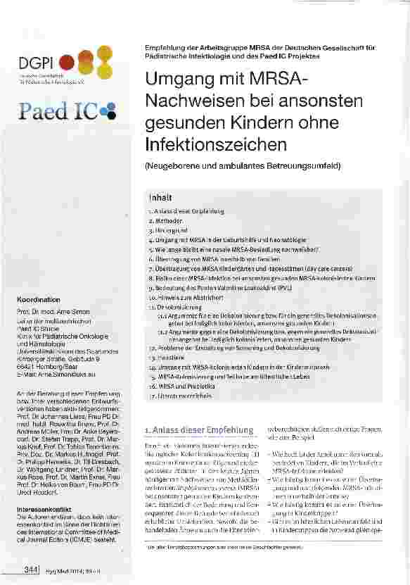 Vorschauseite 1: Umgang mit MRSA-Nachweisen bei ansonsten gesunden Kindern ohne Infektionszeichen