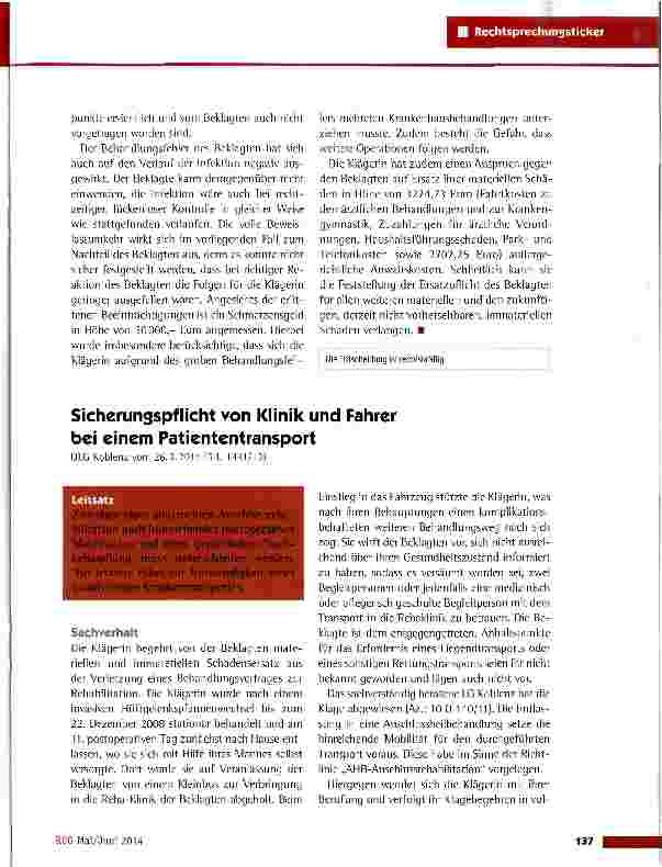 Vorschauseite 1: Sicherungspflicht von Klinik und Fahrer bei einem Patiententransport OLG Koblenz vom 26.2.2014 (5 U 1441/13)