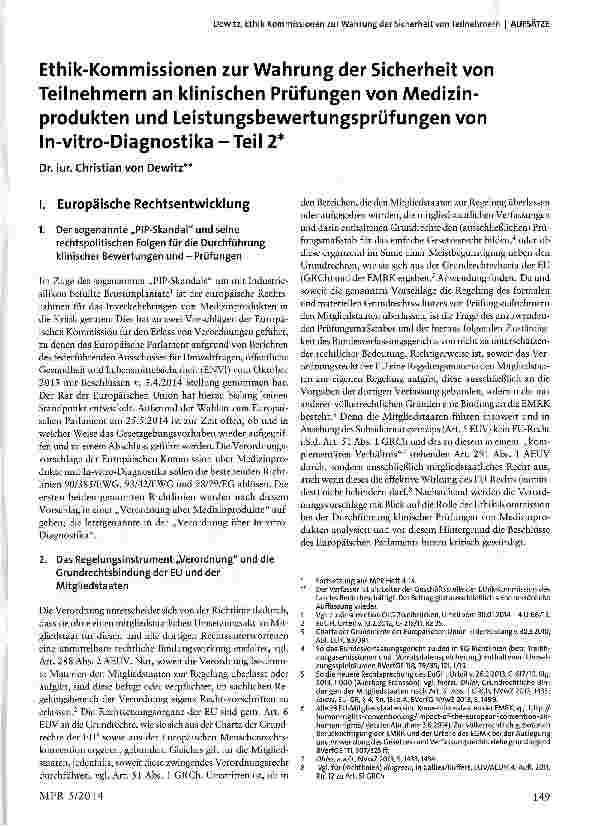Vorschauseite 1: Ethik-Kommissionen zur Wahrung der Sicherheit von Teilnehmern an klinischen Prüfungen von Medizin-produkten und Leistungsbewertungsprüfungen von In-vitro-Diagnostika -Teil 2