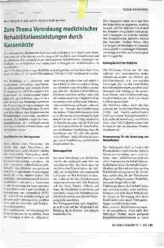 Vorschauseite 1: Zum Thema Verordnung medizinischer Rehabilitationsleistungen durch KassenärzteNeue Reha-Richtlinie seit 01.04.04 in Kraft getreten