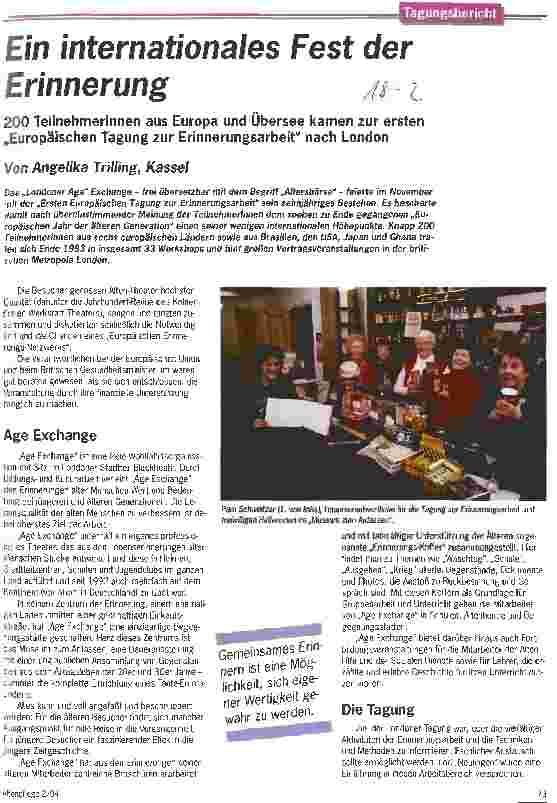 Vorschauseite 1: Ein internationales Fest der Erinnerung Erste Europäische Tagung zur Erinnerungsarbeit in London