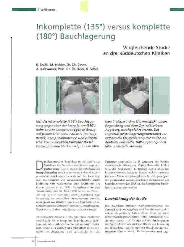 Vorschauseite 1: Inkomplette (135°) versus komplette (180°) BauchlagerungVergleichende Studie an drei süddeutschen Kliniken