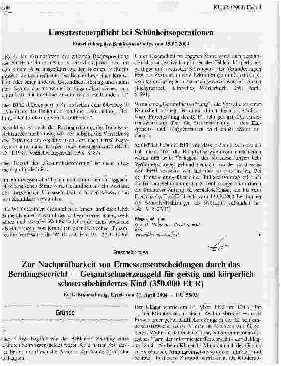 Vorschauseite 1: Zur Nachprüfbarkeit von Ermessensentscheidungen durch das Berufungsgericht - Gesamtschmerzensgeld für geistig und körperlich schwerstbehindertes Kind (350.000 EUR)