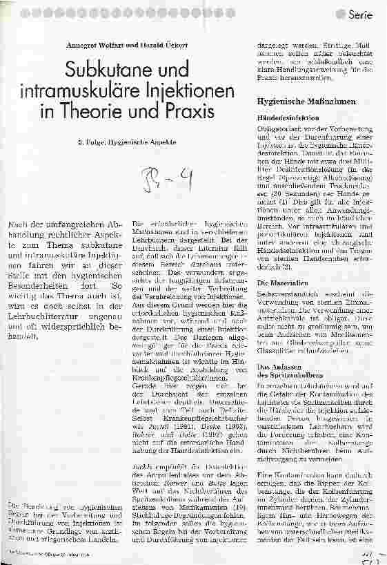 Vorschauseite 1: Subkutane und intramuskuläre Injektionen in Theorie und Praxis 3.Folge: Hygienische Aspekte