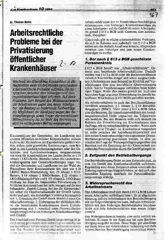Vorschauseite 1: Arbeitsrechtliche Probleme bei der Privatisierung öffentlicher Krankenhäuser