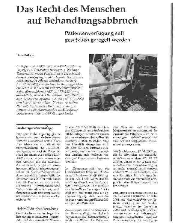 Vorschauseite 1: Das Recht des Menschen auf BehandlungsabbruchPatientenverfügung soll gesetzlich geregelt werden