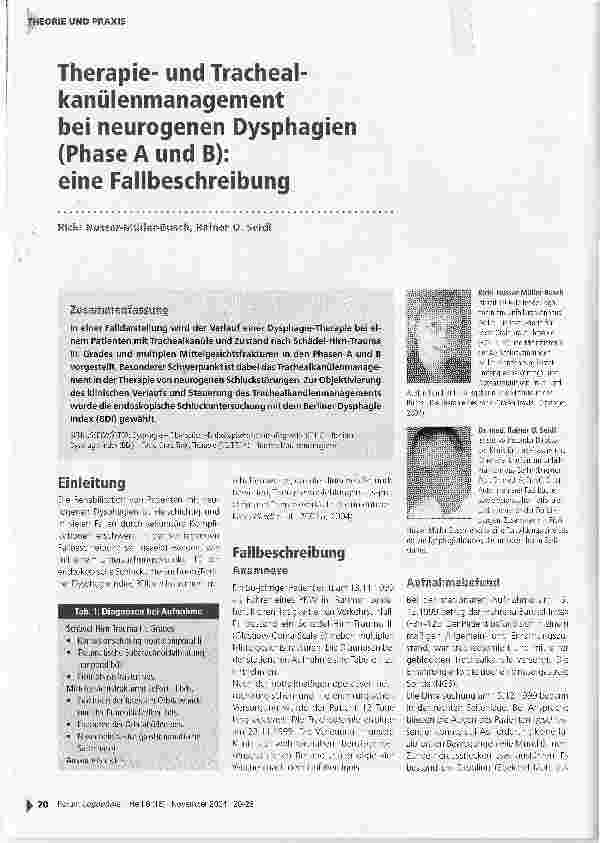 Vorschauseite 1: Therapieund Trachealkanülenmanagement bei neurogenen Dysphagien (Phase A und B): eine Fallbeschreibung