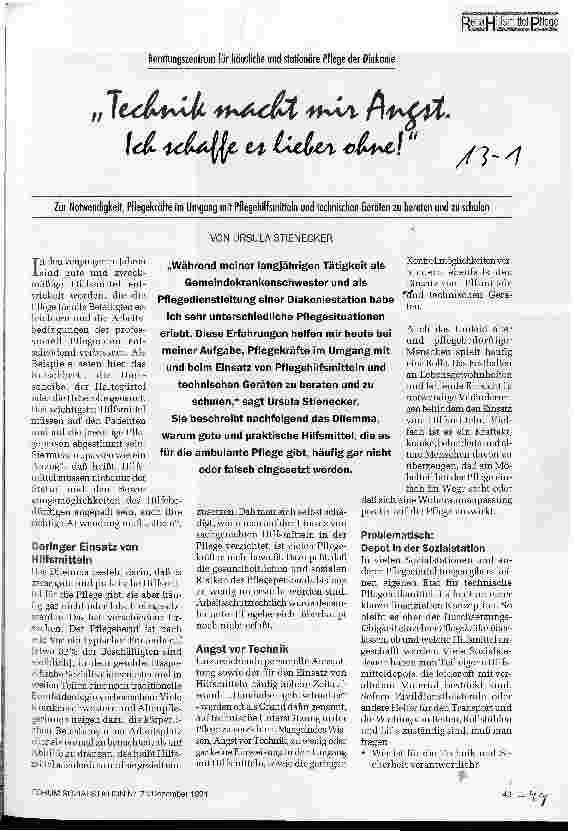 Vorschauseite 1: Technik macht mir Angst. Ich schaffe es lieber ohne! Zur Notwendigkeit, Pflegekräfte im Umgang mit Pflegehilfsmitteln und technischen Geräten zu beraten und zu schulen Beratungsze…