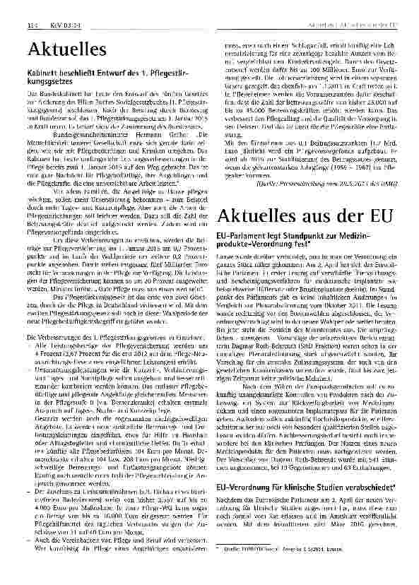 Vorschauseite 1: Kabinett beschließt Entwurf des 1. Pflegestär-kungsgsetzes