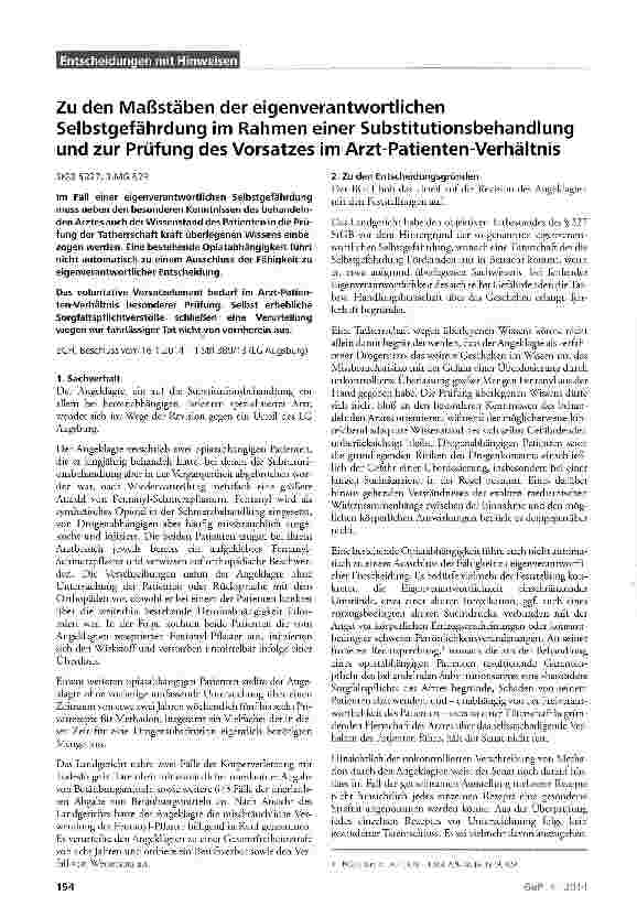 Vorschauseite 1: Zu den Maßstäben der eigenverantwortlichen Selbstgefährdung im Rahmen einer Substitutionsbehandlung und zur Prüfung des Vorsatzes im Arzt-Patienten-VerhältnisStGB§227;BtMG§29