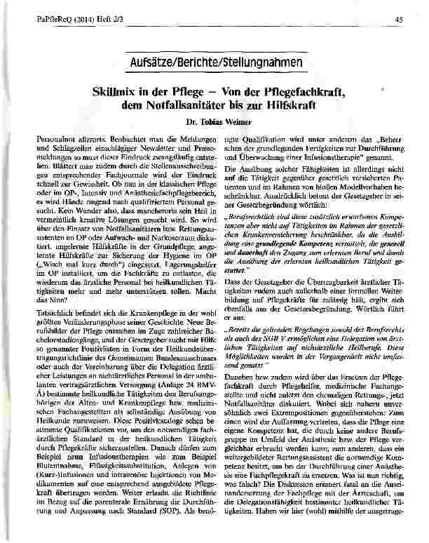 Vorschauseite 1: Skillmix in der Pflege — Von der Pflegefachkraft, dem Notfallsanitäter bis zur Hilfskraft