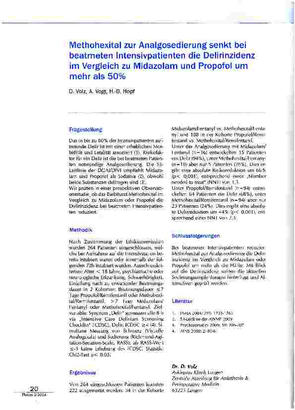 Vorschauseite 1: Methohexital zur Analgosedierung senkt bei beatmeten Intensivpatienten die Delirinzidenz im Vergleich zu Midazolam und Propofol um mehr als 50%