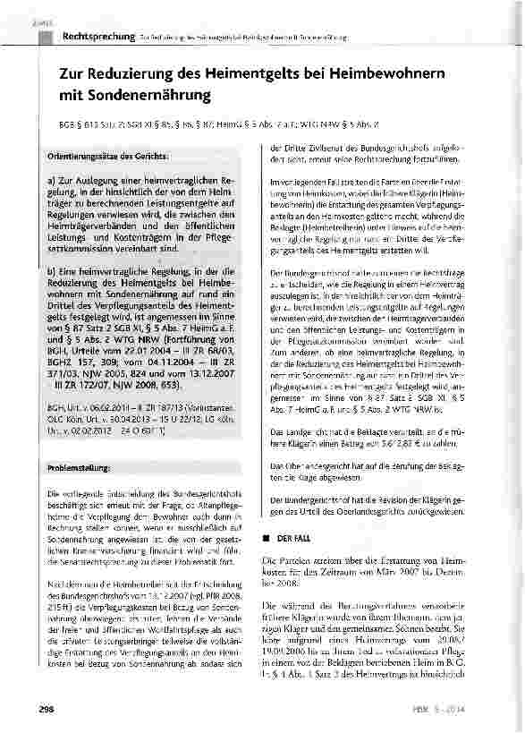 Vorschauseite 1: Zur Reduzierung des Heimentgelts bei Heimbewohnern mit Sondenernährung BGB § 615 Satz 2; SGB XI § 85, § 86, § 87; HeimG § 5 Abs. 7 a. F. ; WTG NRW § 5 Abs. 2