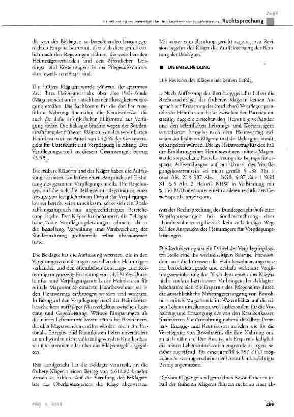 Vorschauseite 2: Zur Reduzierung des Heimentgelts bei Heimbewohnern mit Sondenernährung BGB § 615 Satz 2; SGB XI § 85, § 86, § 87; HeimG § 5 Abs. 7 a. F. ; WTG NRW § 5 Abs. 2