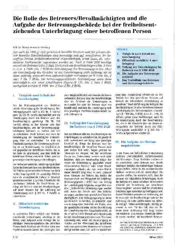 Vorschauseite 1: Die Rolle des Betreuers/Bevollmächtigten und die Aufgabe der Betreuungsbehörde bei der freiheitsent-ziehenden Unterbringung einer betroffenen Person
