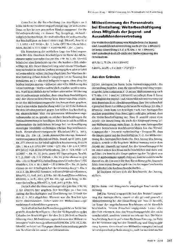 Vorschauseite 1: Mitbestimmung des Personalrats bei Einstellung; Weiterbeschäftigung eines Mitglieds der Jugendund Auszubildendenvertretung