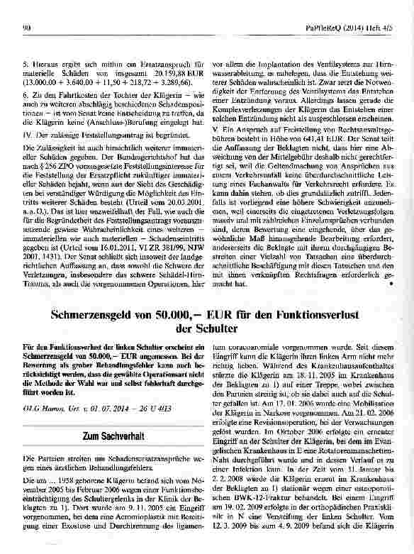 Vorschauseite 1: Schmerzensgeld von 50.000,— EUR für den Funktionsverlust der Schulter