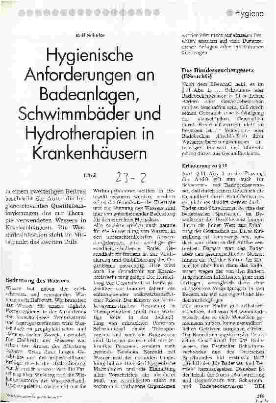 Vorschauseite 1: Hygienische Anforderungen an Badeanlagen, Schwimmbäder und Hydrotherapien in Krankenhäusern 1. Teil