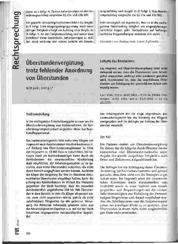 Vorschauseite 1: Überstundenvergütung trotz fehlender Anordnung von Überstunden