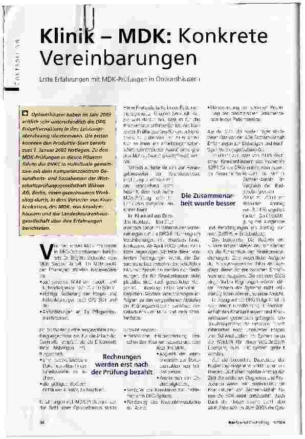Vorschauseite 1: KliniK-MDK: Konkrete VereinbarungenErste Erfahrungen mit MDK-Prüfungen in Optionshäusern
