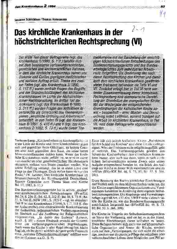 Vorschauseite 1: Das kirchliche Krankenhaus in der höchstrichterlichen Rechtsprechung Teil 6 kKh