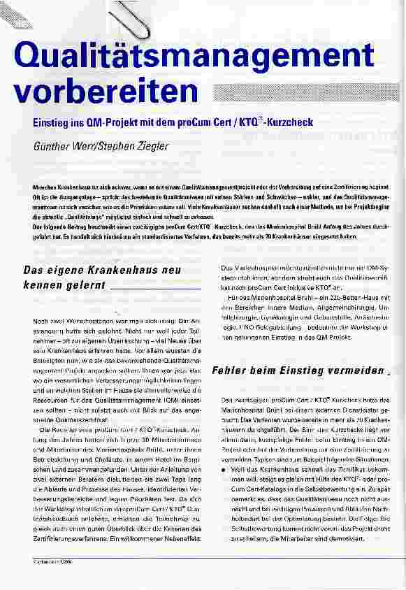 Vorschauseite 1: Qualitätsmanagement vorbereitenEinstieg ins QM-Projekt mit dem proCum Cert/ KTQ®-Kurzcheck