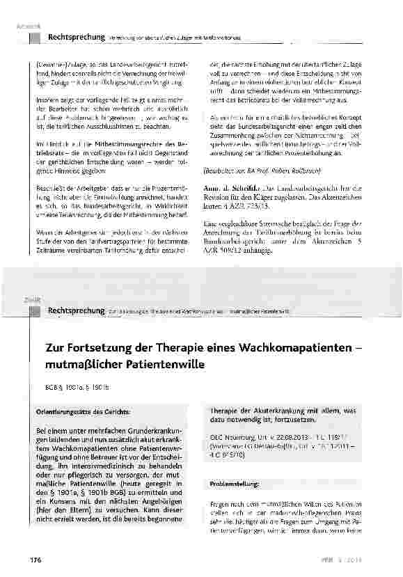 Vorschauseite 1: Zur Fortsetzung der Therapie eines Wachkomapatienten -mutmaßlicher PatientenwilleBGB§ 1901a, § 1901b