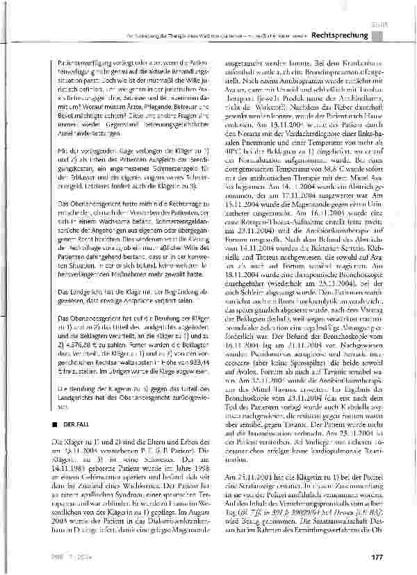 Vorschauseite 2: Zur Fortsetzung der Therapie eines Wachkomapatienten -mutmaßlicher PatientenwilleBGB§ 1901a, § 1901b