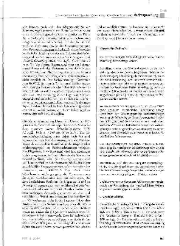 Vorschauseite 6: Zur Fortsetzung der Therapie eines Wachkomapatienten -mutmaßlicher PatientenwilleBGB§ 1901a, § 1901b