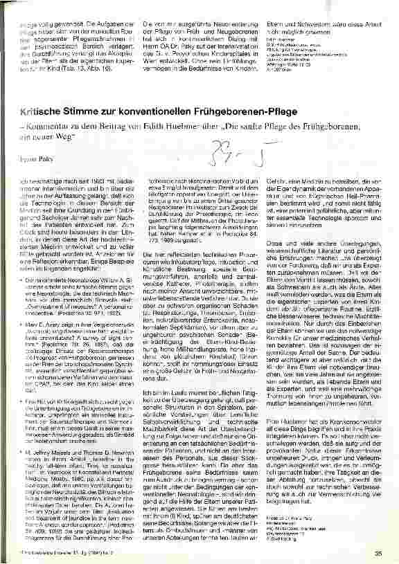 Vorschauseite 1: Kritische Stimme zur konventionellen Frühgeborenen-Pflege Kommentar z Beitrag v.E.Huebmer üb.Die sanfte Pflege d.Frühgeborenen-e.neuer Weg
