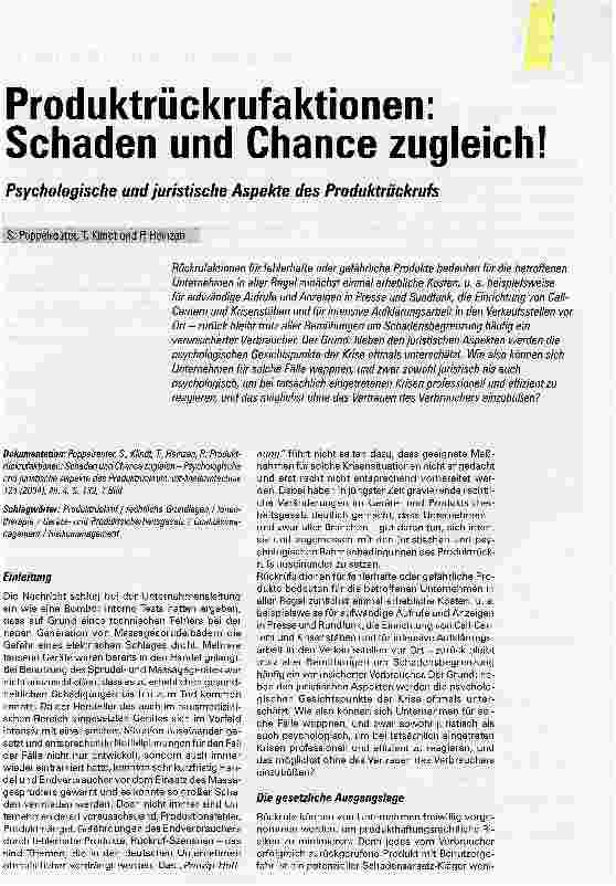 Vorschauseite 1: Produktrückrufaktionen: Schaden und Chance zugleich! Psychologische und juristische Aspekte des Produktrückrufs