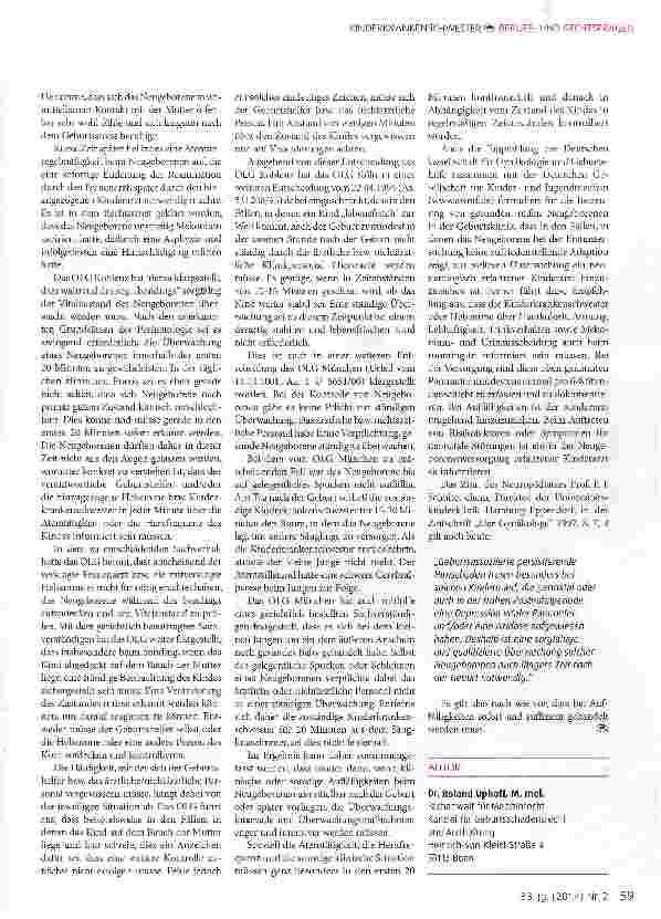 Vorschauseite 2: Arzthaftungsrechtliche Urteileund Leitsätze zur Überwachungspflicht in der Neonatalphase