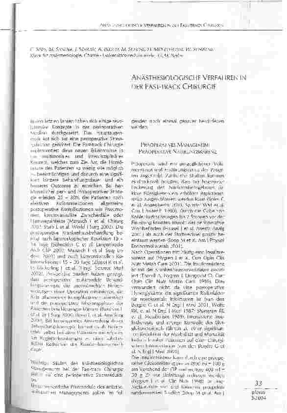 Vorschauseite 1: ANÄSTHESIOLOGISCHE VERFAHREN IN DER FAST-TRACK CHIRURGIE