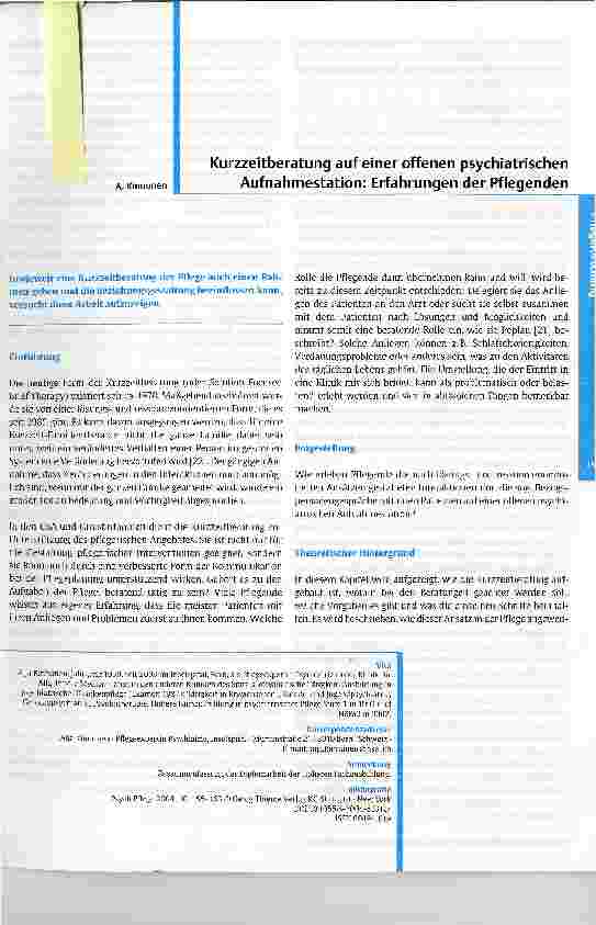 Vorschauseite 1: Kurzzeitberatung auf einer offenen psychiatrischen Aufnahmestation: Erfahrungen der Pflegenden