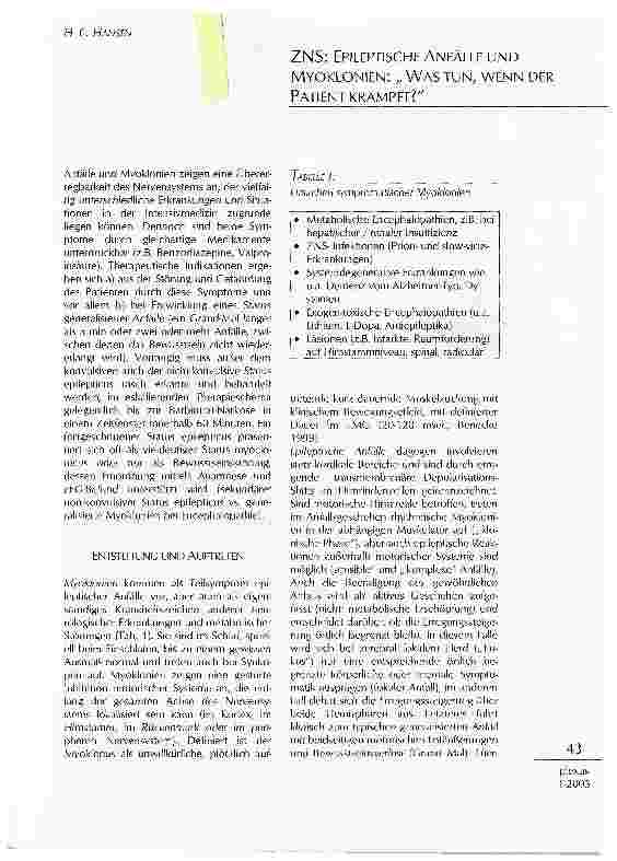 Vorschauseite 1: ZNS: EPILEPTISCHE ANFÄLLE UND MYOKLONIEN: WASTUN, WENN DER PATIENT KRAMPFT?