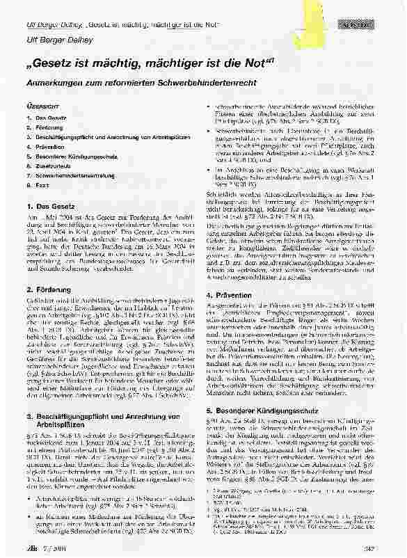 Vorschauseite 1: Gesetz ist mächtig, mächtiger ist die NotAnmerkungen zum reformierten Schwerbehindertenrecht