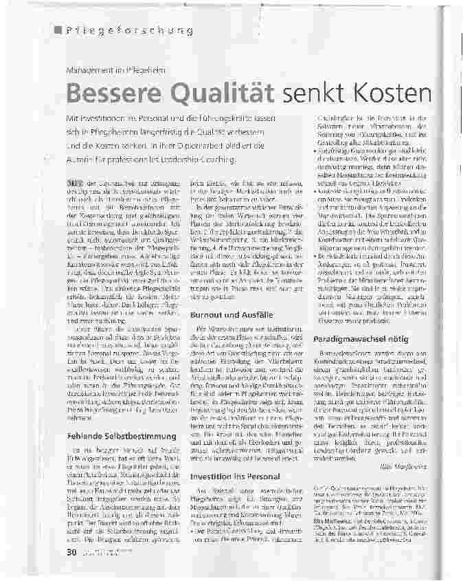 Vorschauseite 1: Bessere Qualität senkt Kosten. Management im Pflegeheim