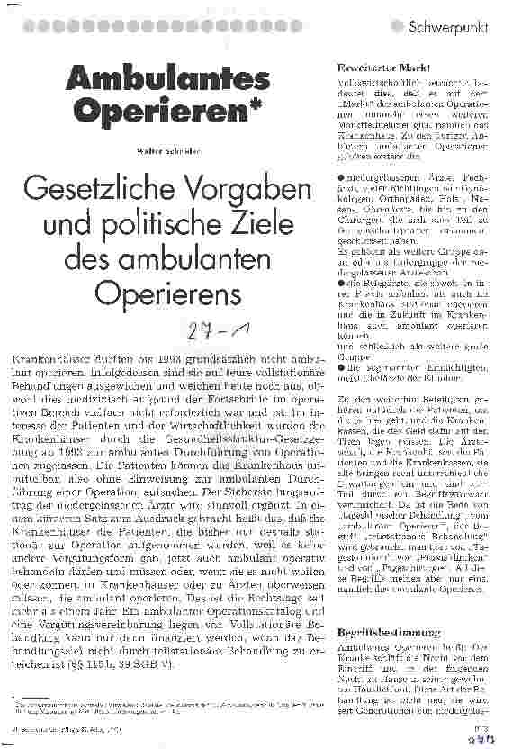Vorschauseite 1: Ambulantes Operieren Gesetzliche Vorgaben und politische Ziele des ambulanten Operierens