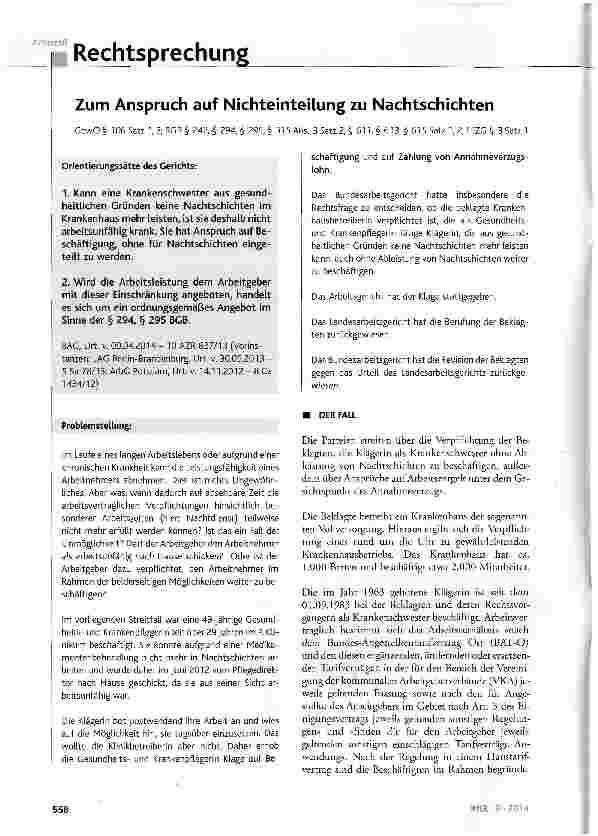 Vorschauseite 1: Zum Anspruch auf Nichteinteilung zu Nachtschichten