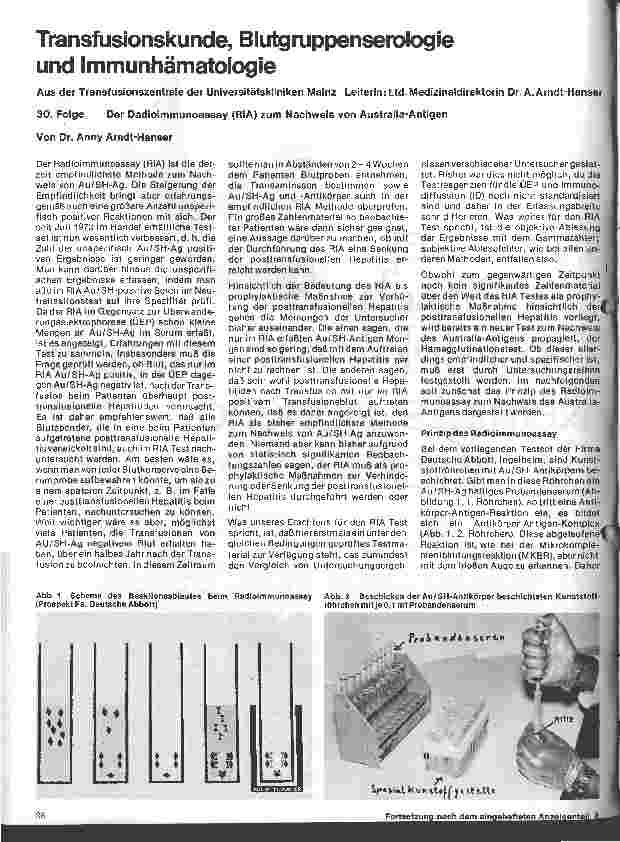 Vorschauseite 1: Transfusionskunde, Blutgruppenserologie und Immunhämatologie 30. Folge:Der Radioimmunoassay (RIA) zum Nachweiß v. Australia-Antigen