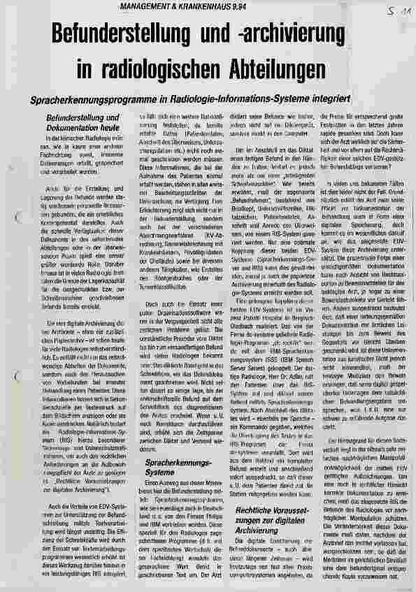 Vorschauseite 1: Befunderstellung und -archivierung in radiologischen Abteilungen Spracherkennungsprogramme in Radiologie-Informationssysteme integriert