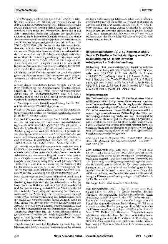 Vorschauseite 1: Beschäftigungszeit i. S. v. § 7 Abschn. A Abs. 2 Satz 4 TV UmBw - Berücksichtigung einer Vorbeschäftigung bei einem privaten Arbeitgeber? - Gleichbehandlung