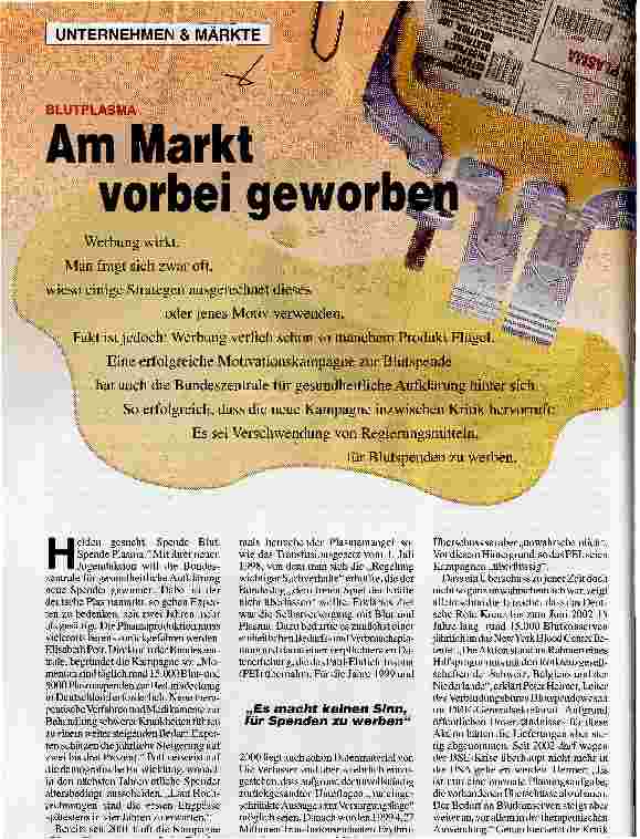 Vorschauseite 1: Am Markt vorbei geworbenBlutplasma