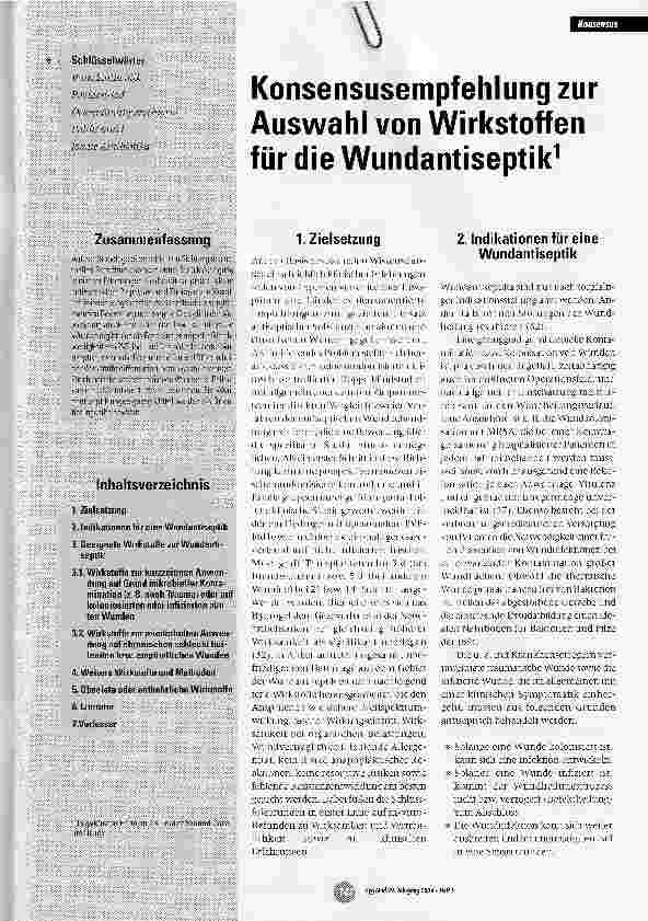 Vorschauseite 1: Konsensusempfehlung zur Auswahl von Wirkstoffen für die Wundantiseptik