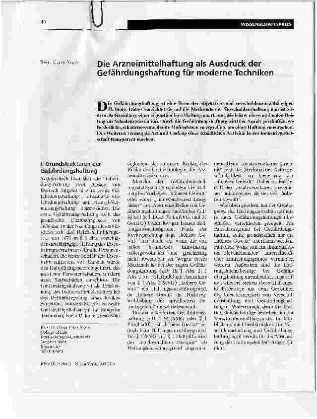 Vorschauseite 1: Die Arzneimittelhaftung als Ausdruck der Gefährdungshaftung für moderne Techniken