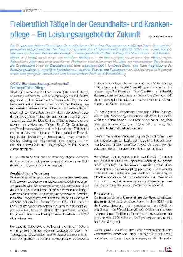 Vorschauseite 1: Freiberuflich Tätige in der Gesundheitsund Krankenpflege - Ein Leistungsangebot der Zukunft