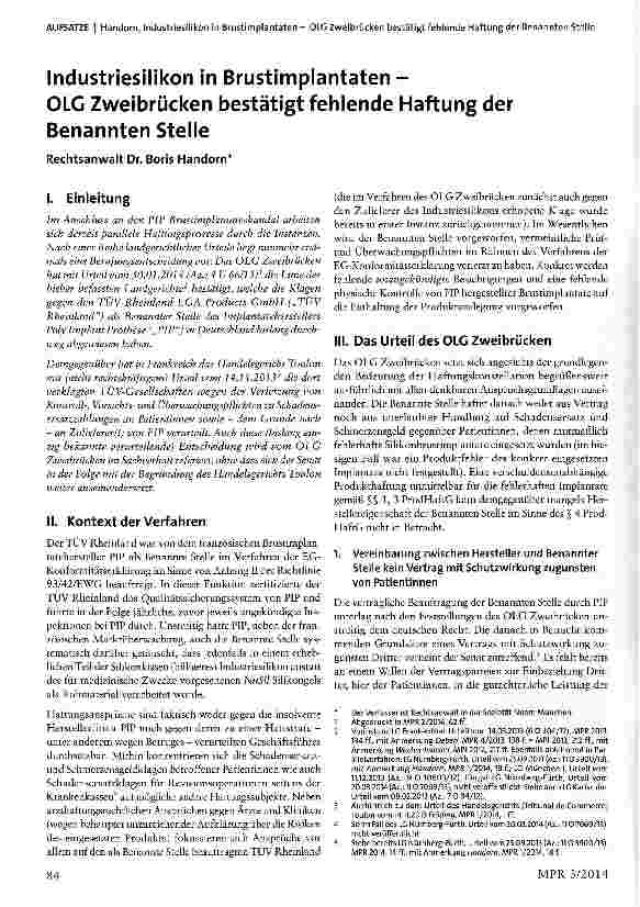 Vorschauseite 1: Industriesilikon in Brustimplantaten - OLG Zweibrücken bestätigt fehlende Haftung derBenannten Stelle